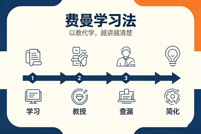 费曼学习法流程:选择概念、教给别人、发现盲区、简化复盘