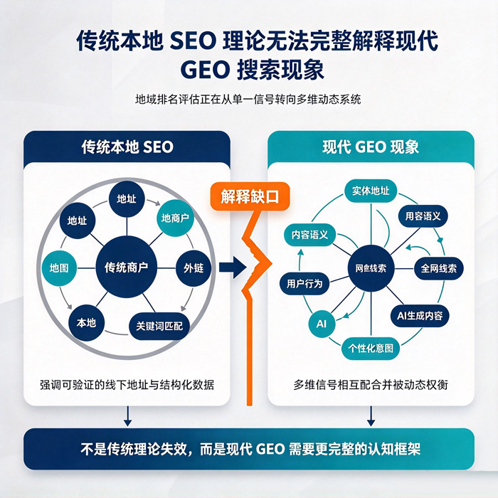 旧框架的解释困境：传统本地 SEO 理论无法完整解释现代 GEO 搜索现象 - 图1