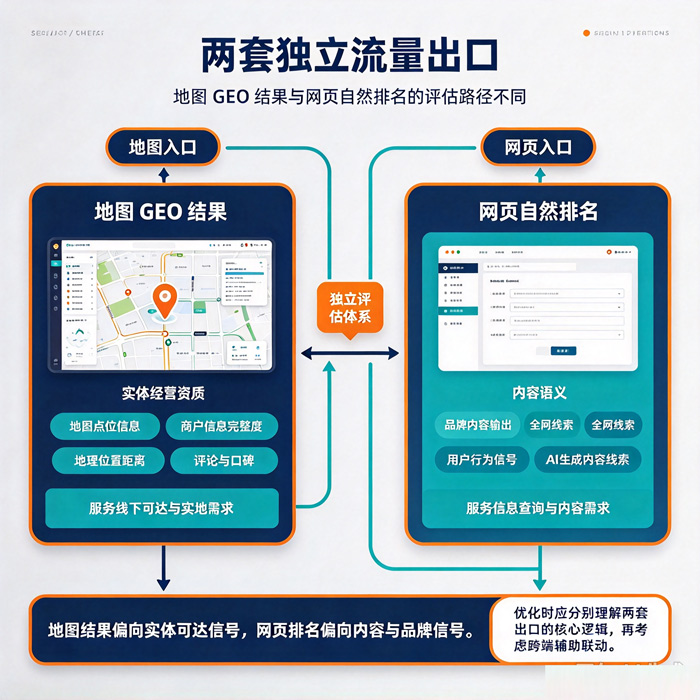 GEO 搜索的结果呈现：地图 GEO 结果与网页自然排名两套独立流量出口 - 图1