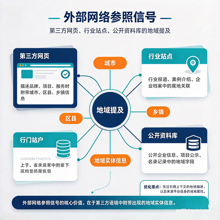 外部网络参照信号：第三方网页、行业站点、公开资料库的地域提及