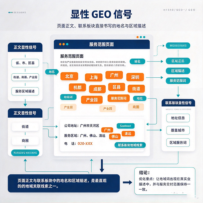 显性GEO信号：页面正文、联系板块直接书写的地名与区域描述