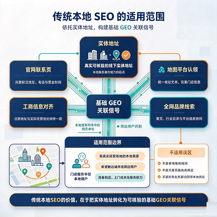  传统本地 SEO 的适用范围：依托实体地址构建基础 GEO 关联信号 - 图1